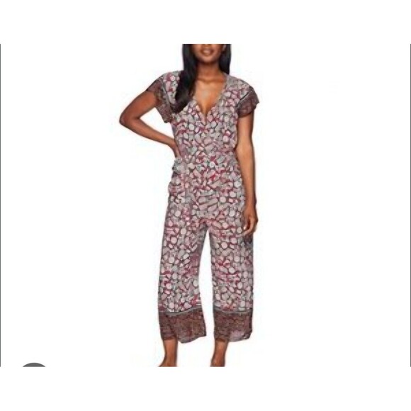 Democracy Pants - Democracy Red Floral Wrap Tie Wide Leg Jumpsuit S Short Sleeve Boho Festival